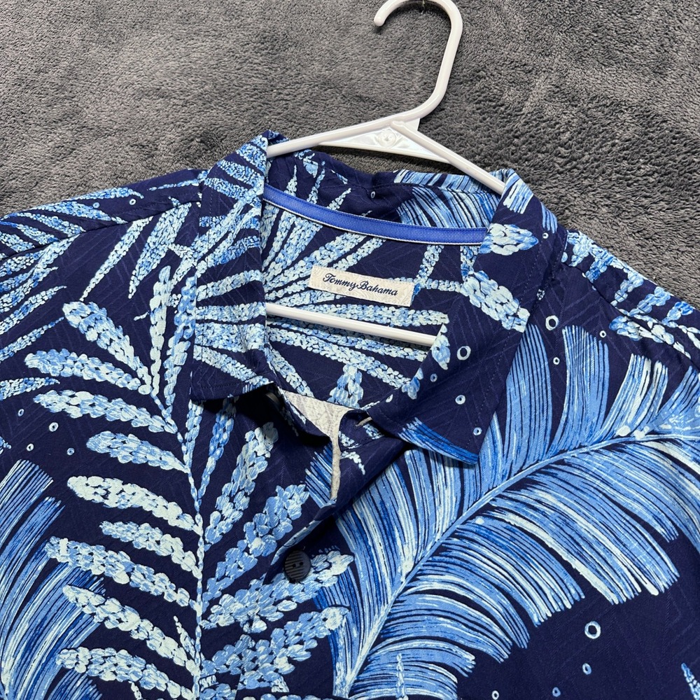 Tommy Bahama Button Up Shirt Mens XXXL Blue Silk Tropical Palm Leaf Short Sleeve